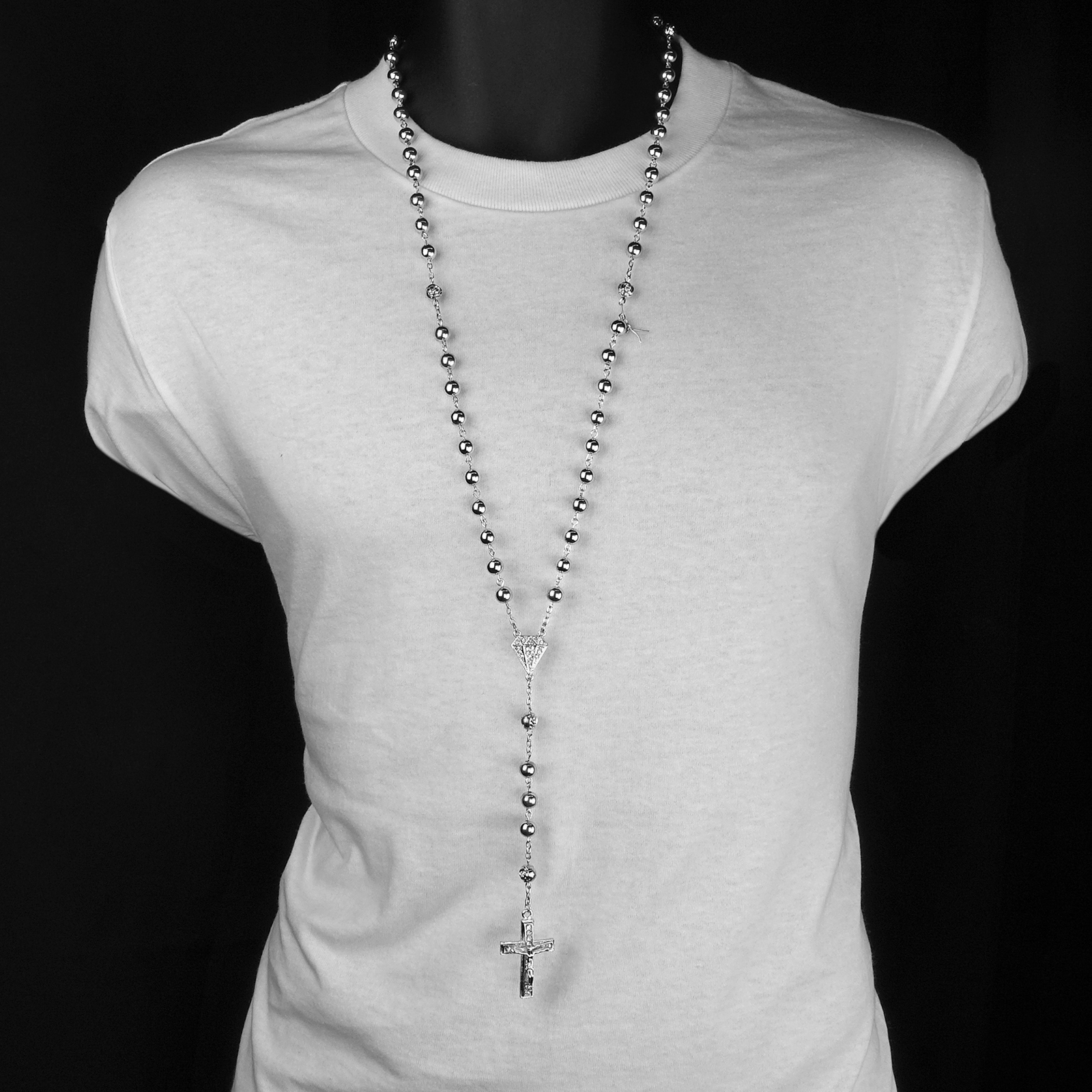 Hip Hop 8mm SILVER plated Beads D-Shape Cubic-Zirconia Rosary & Jesus Cross