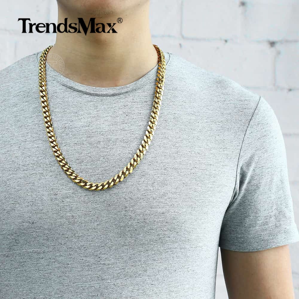 11mm Mens Chain Gold Plated Stainless Steel Curb Cuban Link Necklace 18-26 inch
