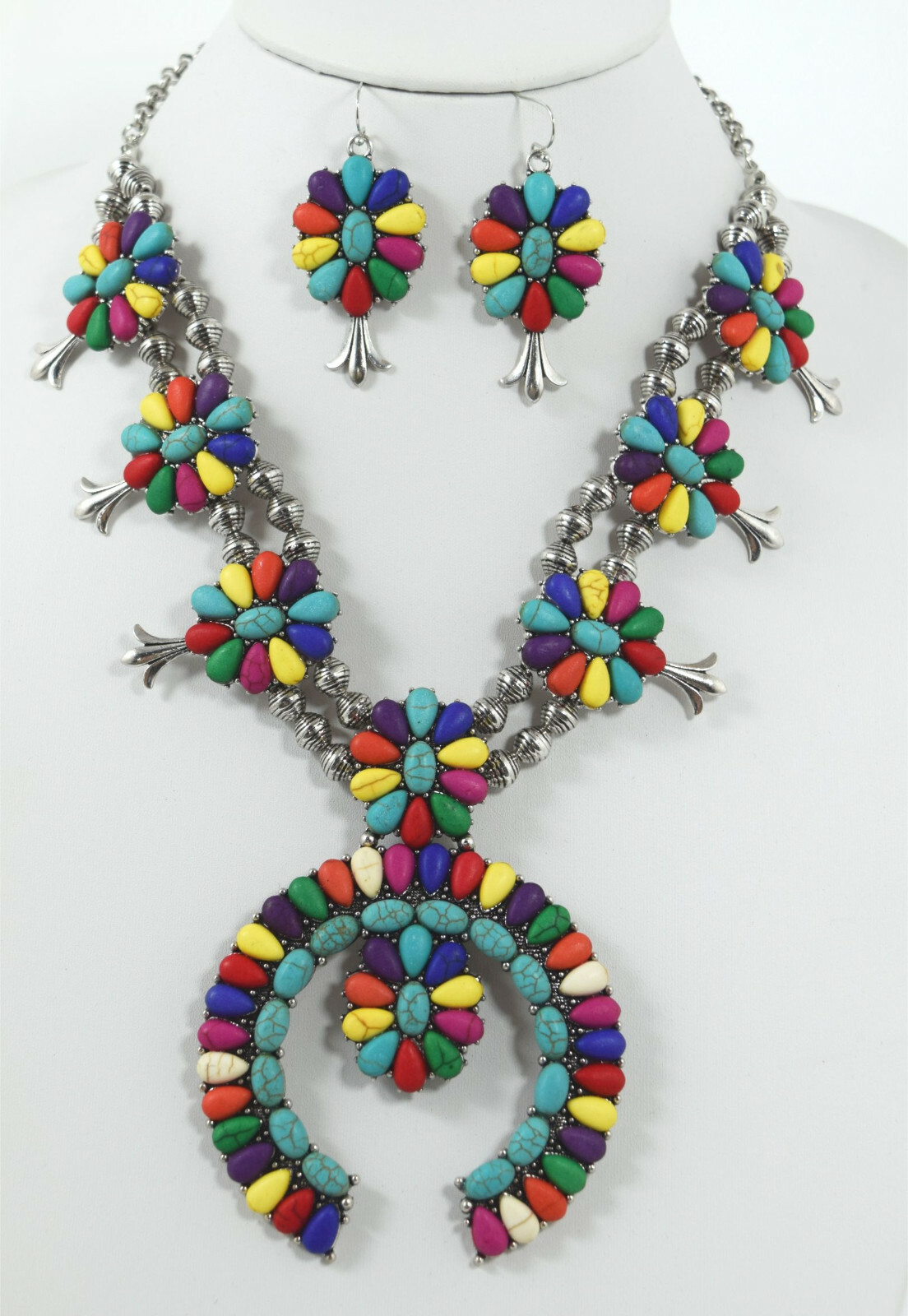 Southwestern Faux multi-color Turquoise Squash Blossom Statement Necklace