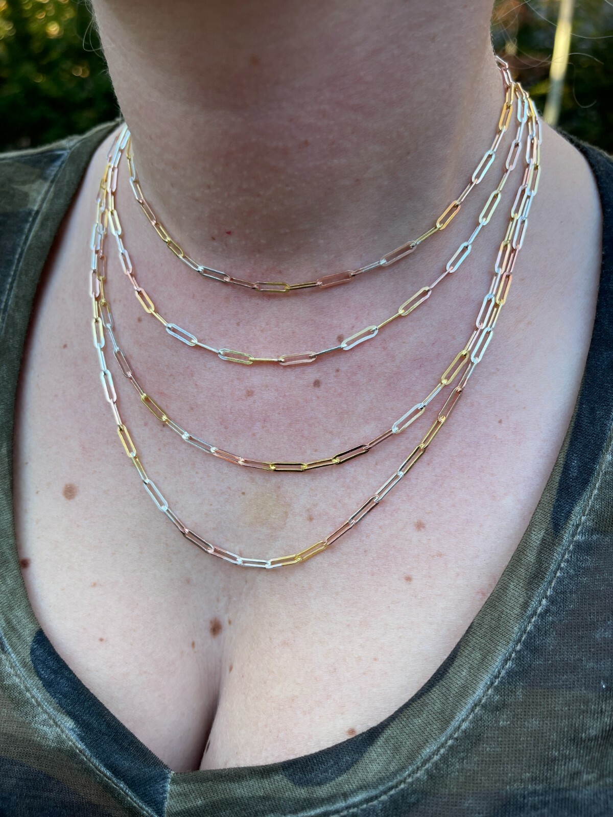 Real Paperclip Chain Necklace Tri Color Yellow Rose Gold Plated 925 Silver