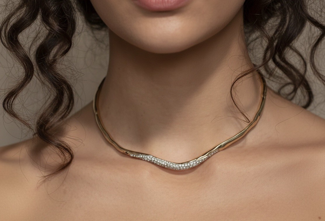 Solanales Crystal Molten Necklace Pavé Collar Gold Chain Irregular Boho CZ VTG
