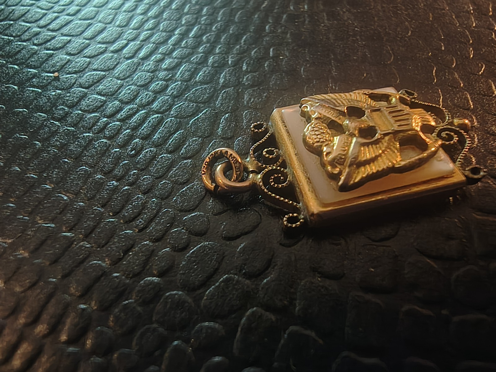 1/20 12kt Gold Filled Square Pendant Eagle Emblem W/ Pearlescent Inlay
