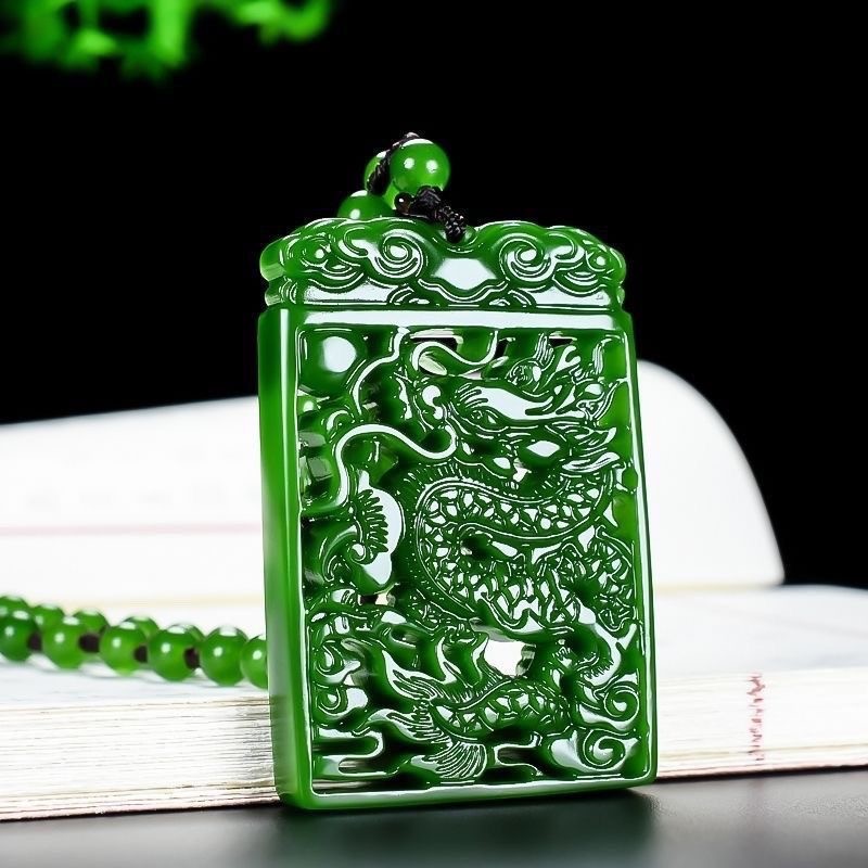 Natural Hotan Jade Jasper Carved Dragon Flying World Pendant Sweater Chain