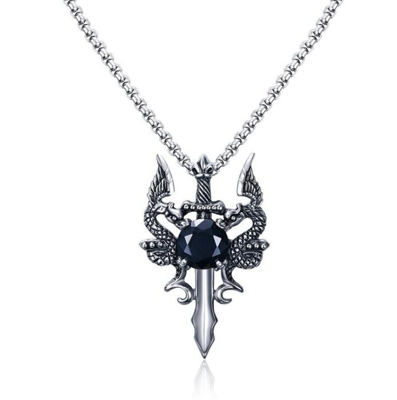 Men’s Fashion Jewelry Gothic Silver Double Dragon Sword Pendant Necklace 1-93