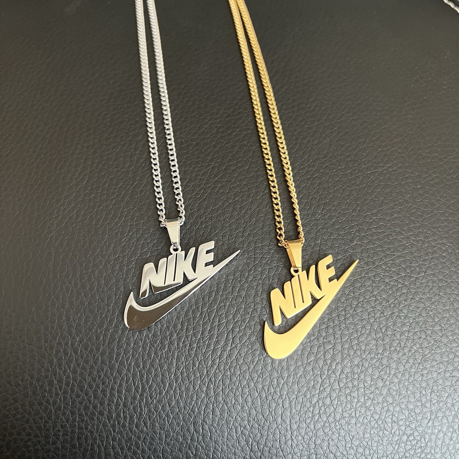 2 Pack of 20” Nike Swoosh Pendant & Necklace Gold and Silver Plated Stainless