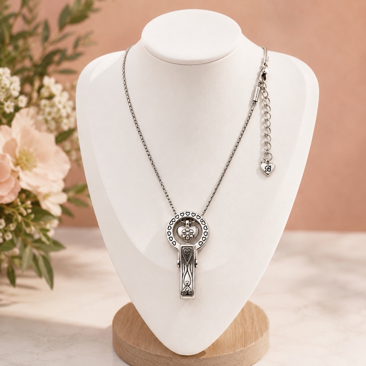 Brighton Floating Heart Badge Clip Necklace Lanyard Crystal Accent Adj. 36″