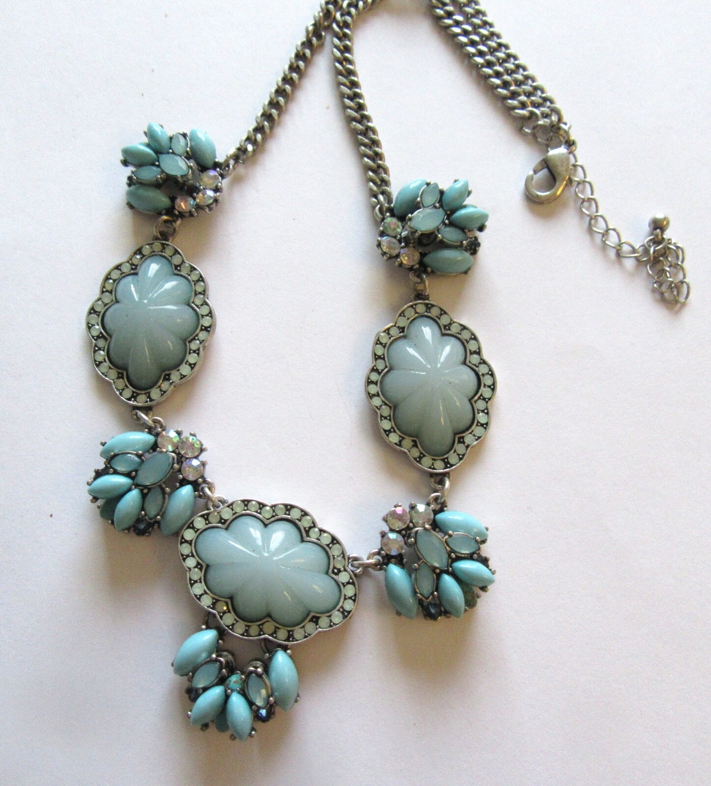 Fashion Necklace-light blue & turquoise color- beads -unique design- silver tone