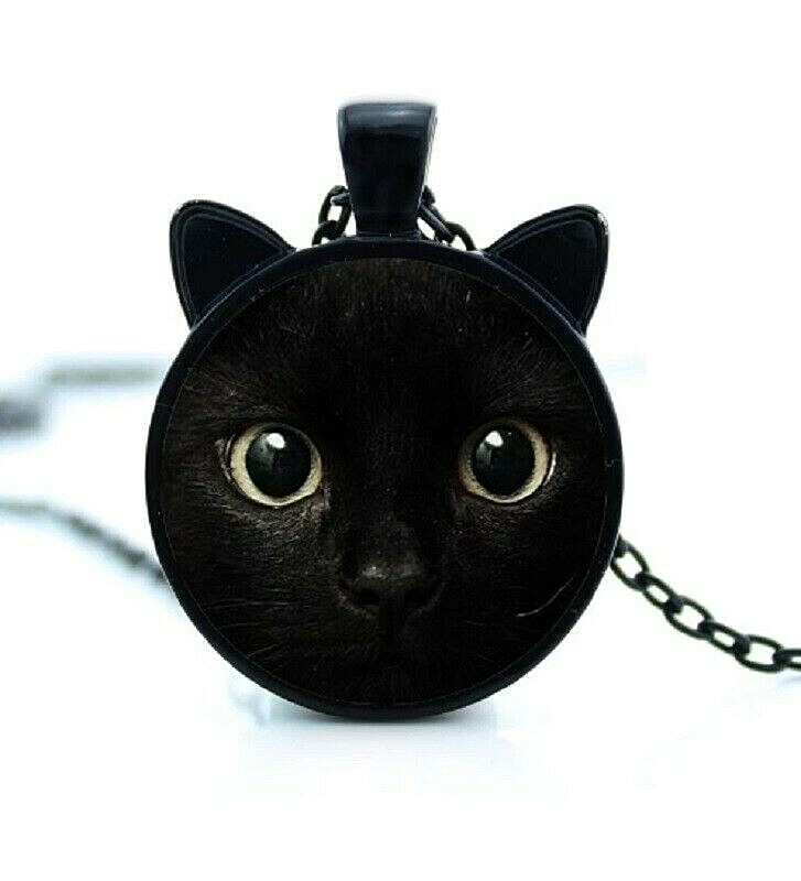 CAT FACE with Ears 1-1/8″ Black Metal & Acrylic Pendant 22″ Necklace (#37)
