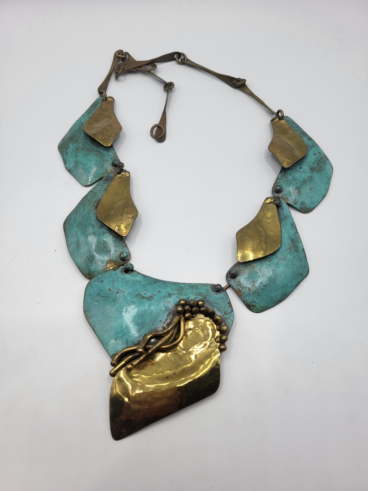 Signed Artisanal Mixed-Metal Bib Necklace Textured Verdigris Patina Gold Tone