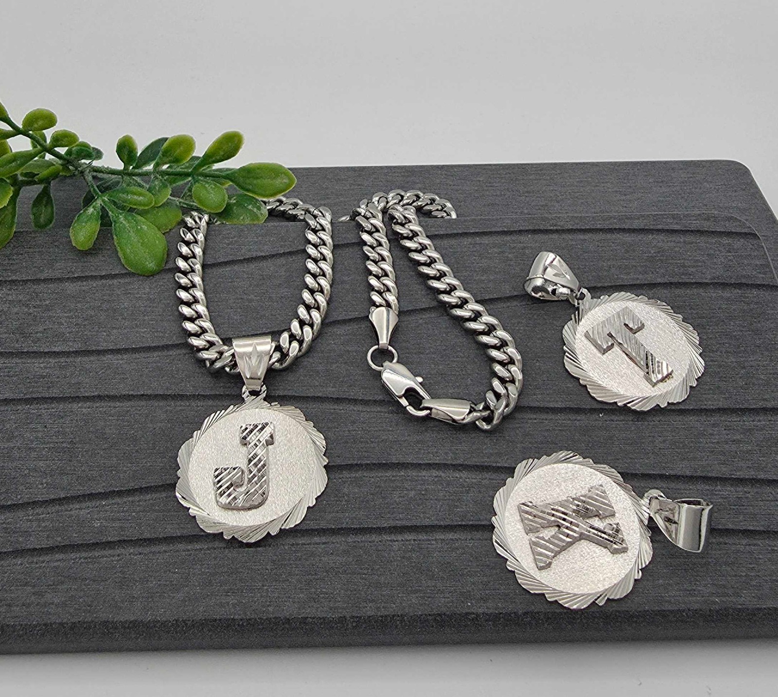 Silver Initial Necklace: 7mm Cuban Chain, 30mm Pendant, Lifetime Replacement