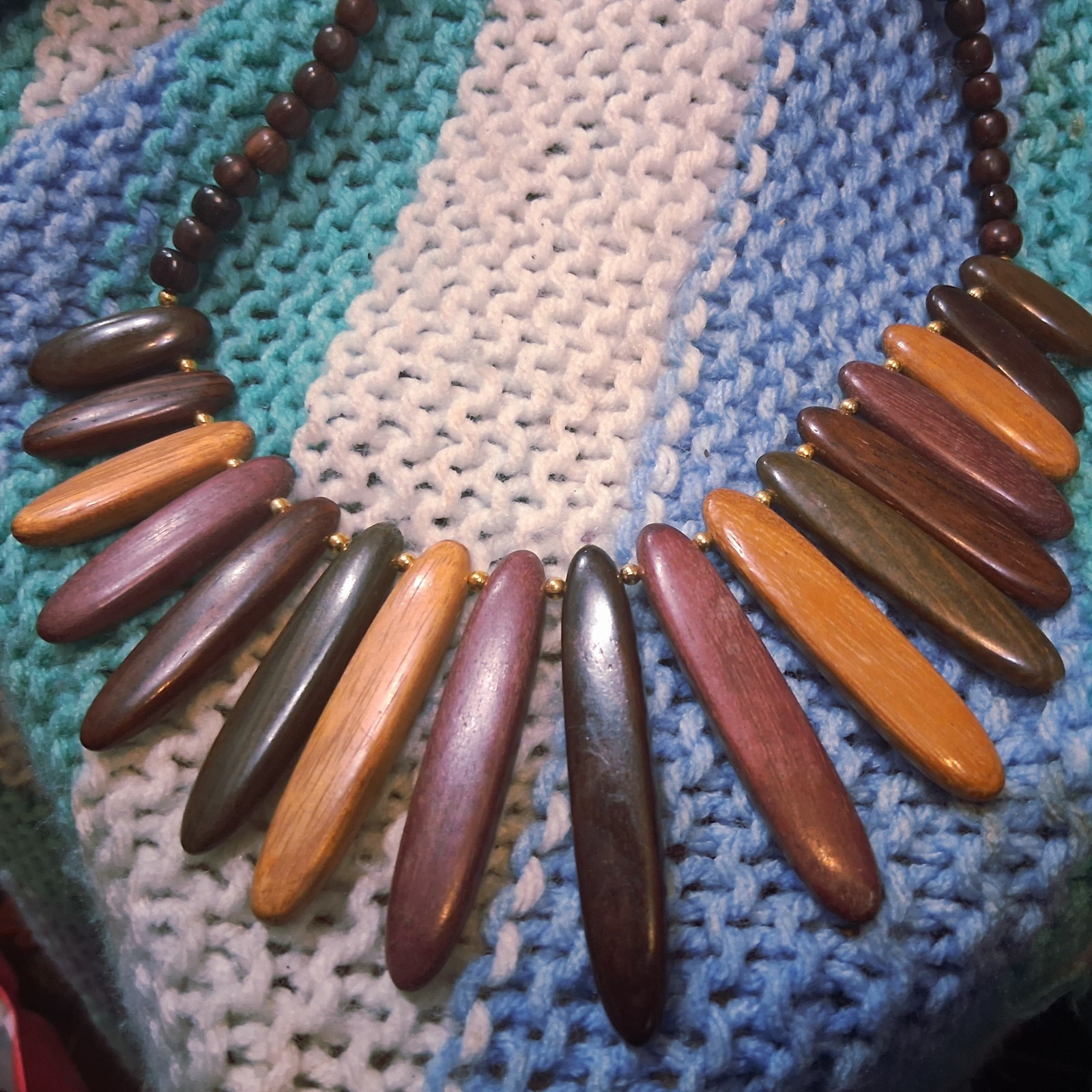 VTG Rare MCM Necklace Wooden Graduated Beads, Brass Spacers, Says Luxury