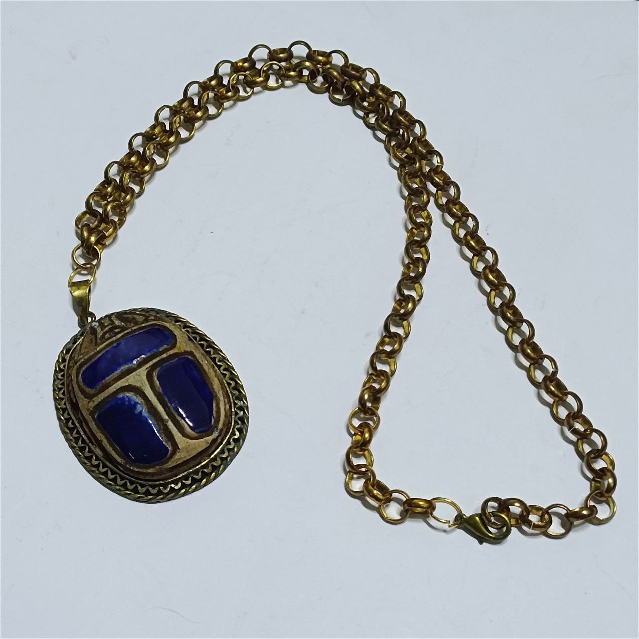Vintage Brass Scarab Pendant Necklace Blue Inlay Classic Egyptian Style Jewelry