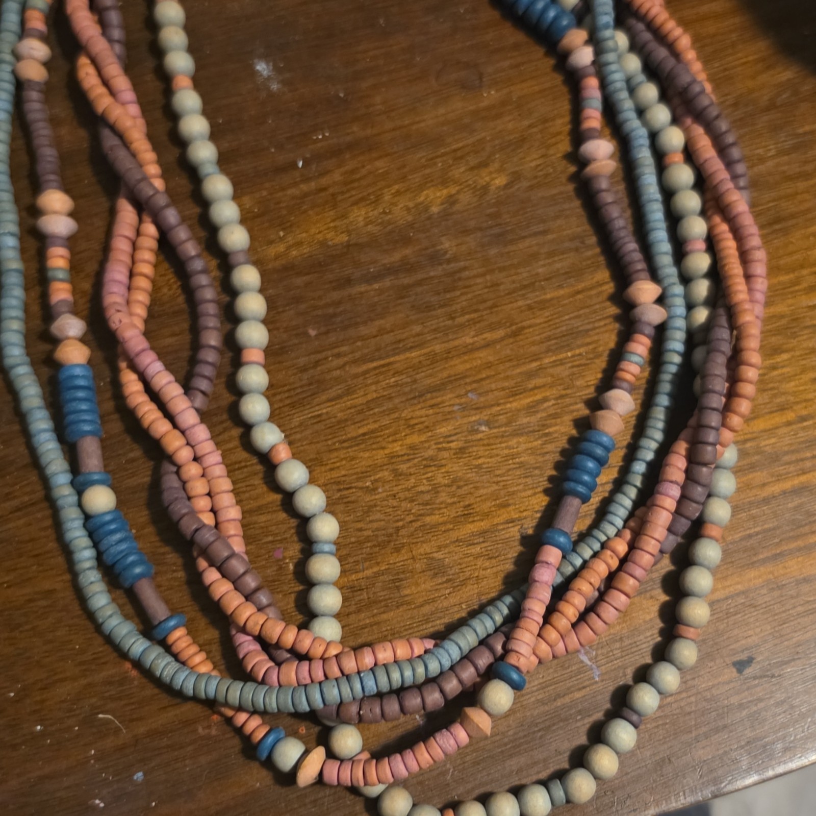 Multicolor Multi-Strand Wood Bead Necklace, Ball/Bead Chain, Hook Closure