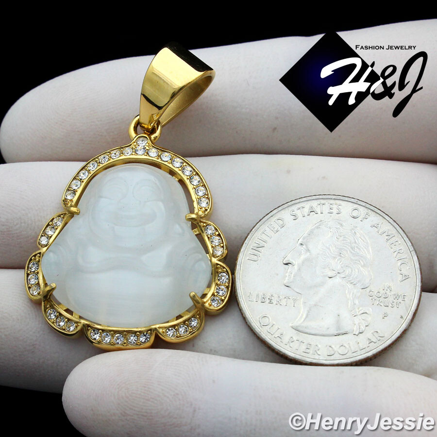 MEN WOMEN Stainless Steel White Rhinestone Gold Plated Buddha Pendant*GP124