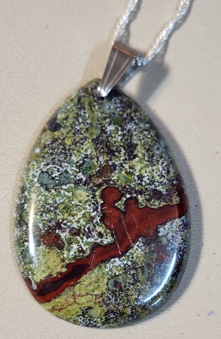 J034. Dark Army Green & Maroon Dragon Bloodstone Bead Pendant