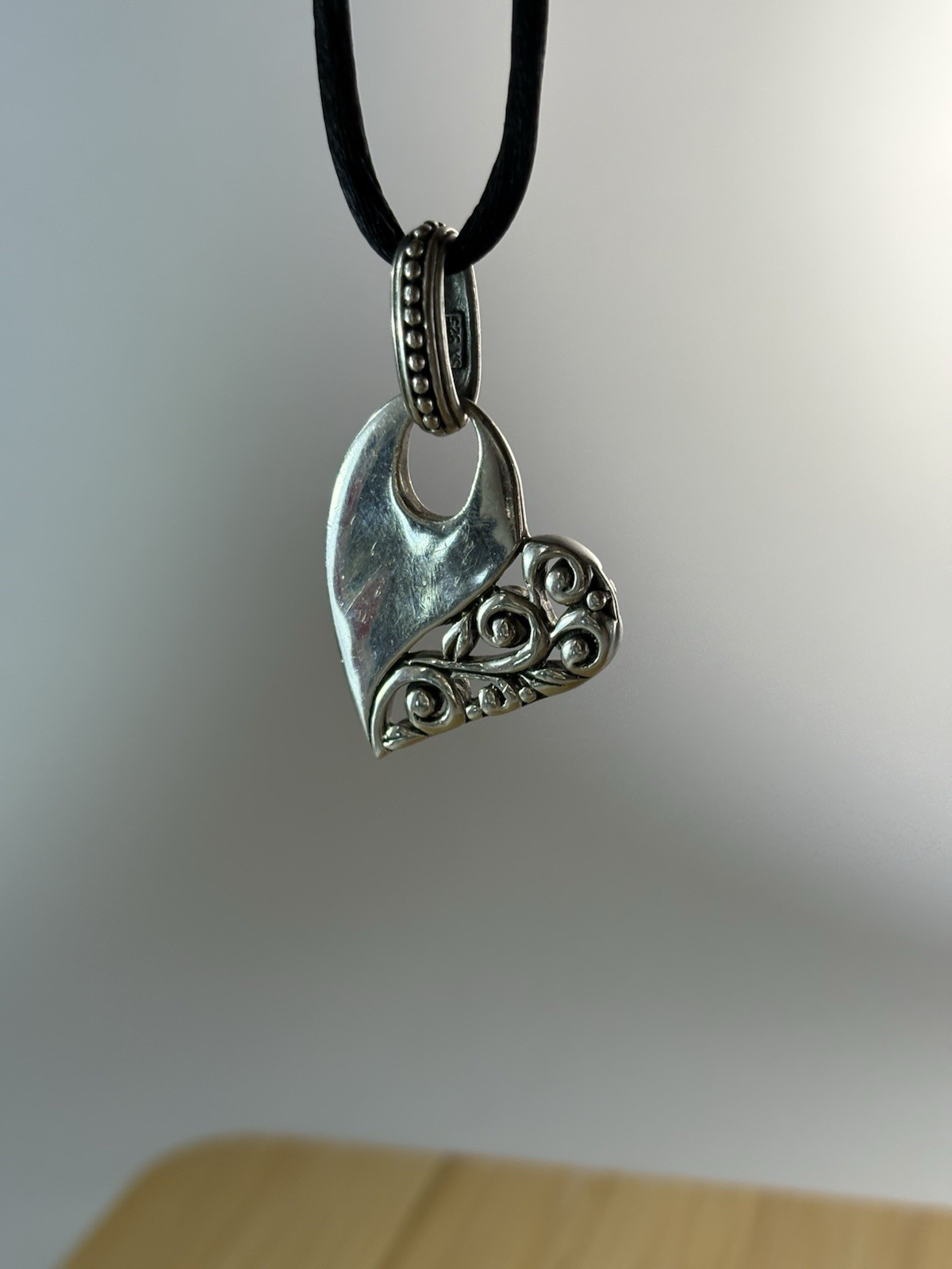 Sterling Silver Heart Pendant Necklace SX 925 Thailand Adjustable Black Cord