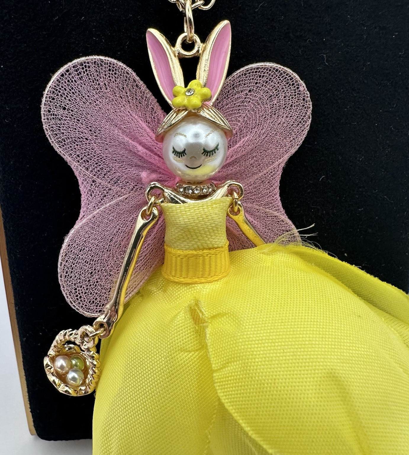 Betsey Johnson Fairy Bunny Necklace Yellow Pink Wings Gold Tone Long Pendant