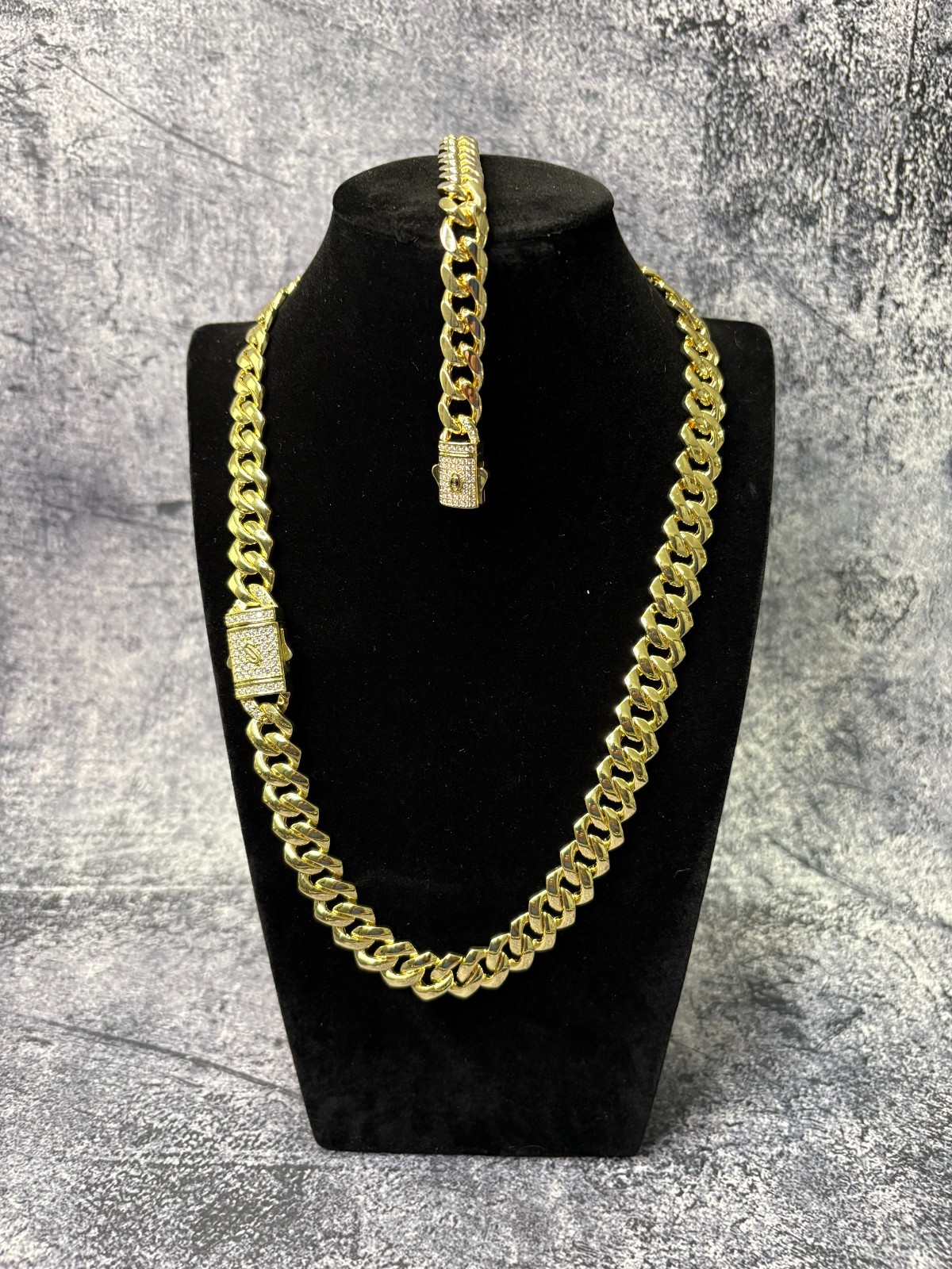 14K Gold Filled Cuban Link Monaco Chain 20″ 12mm & Bracelet 8″ Iced Box Lock Men