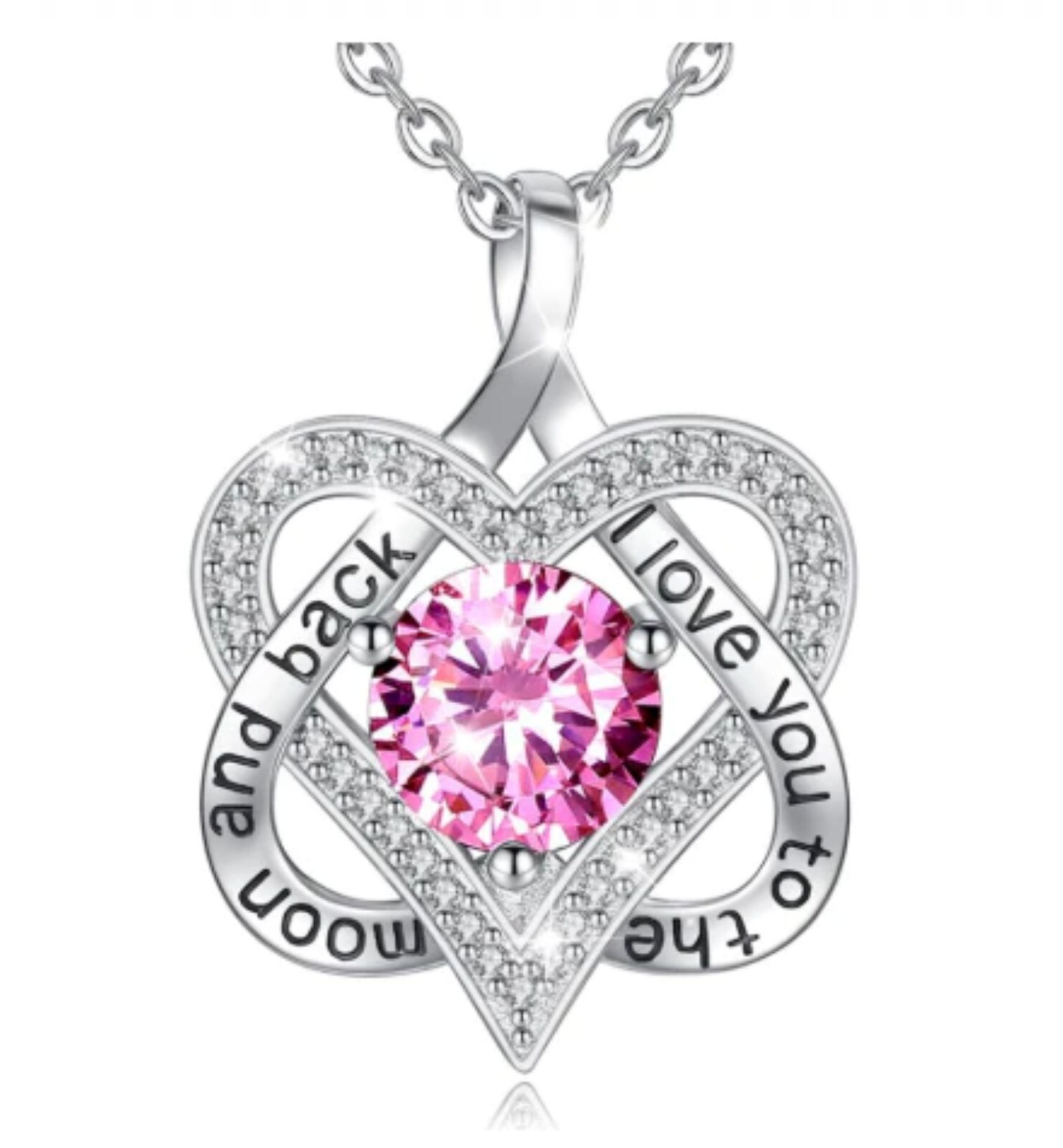“I Love You To The Moon and Back” Heart Pendant Necklace With Pink CZ 18 Inch