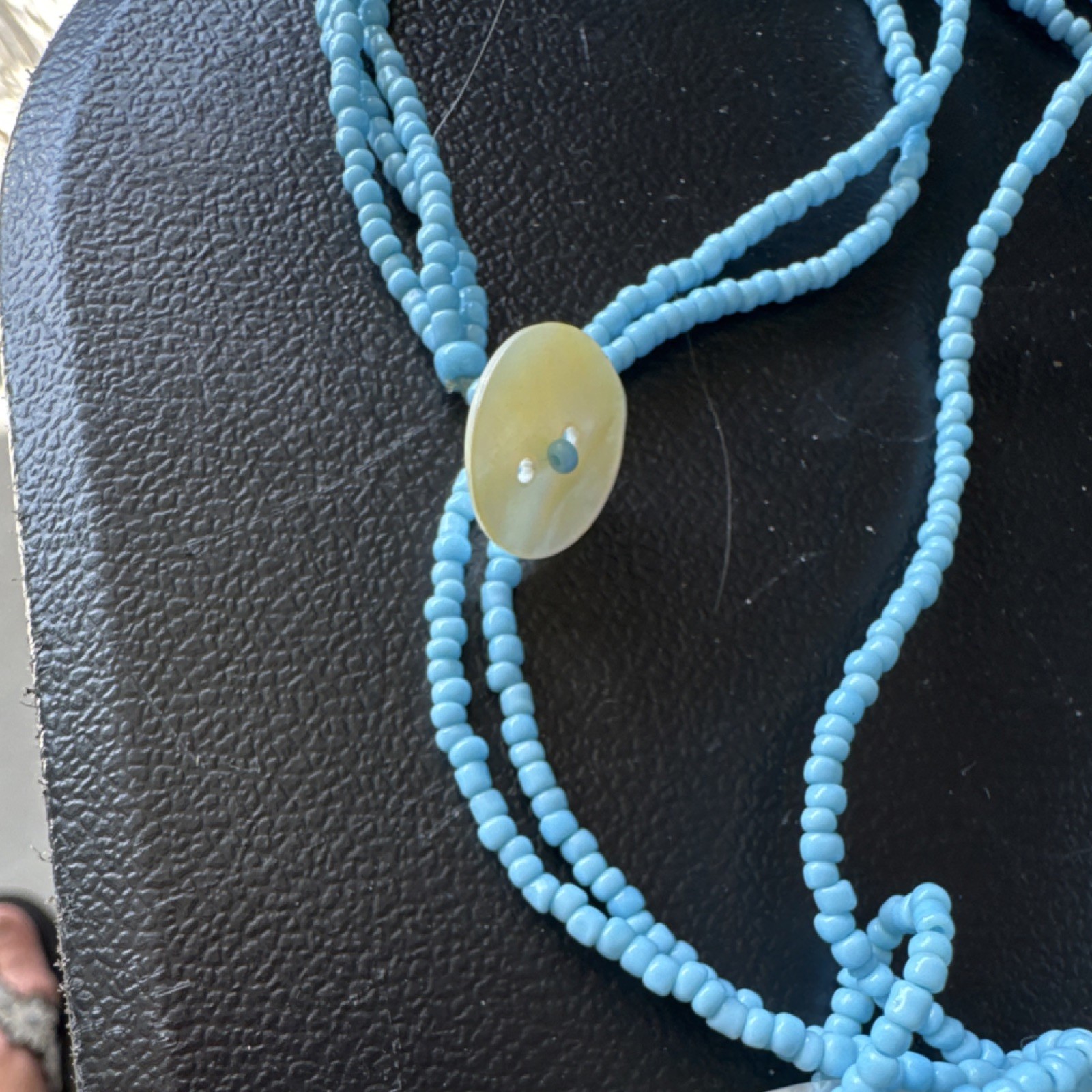 Blue Glass Seed Bead Necklace Round Cream Shell Pendant Ball/Bead Chain Button