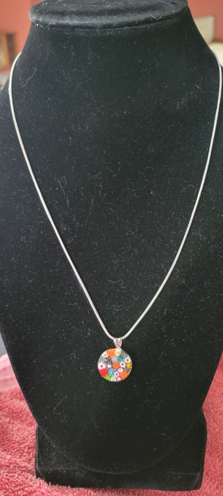 Silver Tone Round Multicolor Glass Flower Pendant Necklace, Snake Chain
