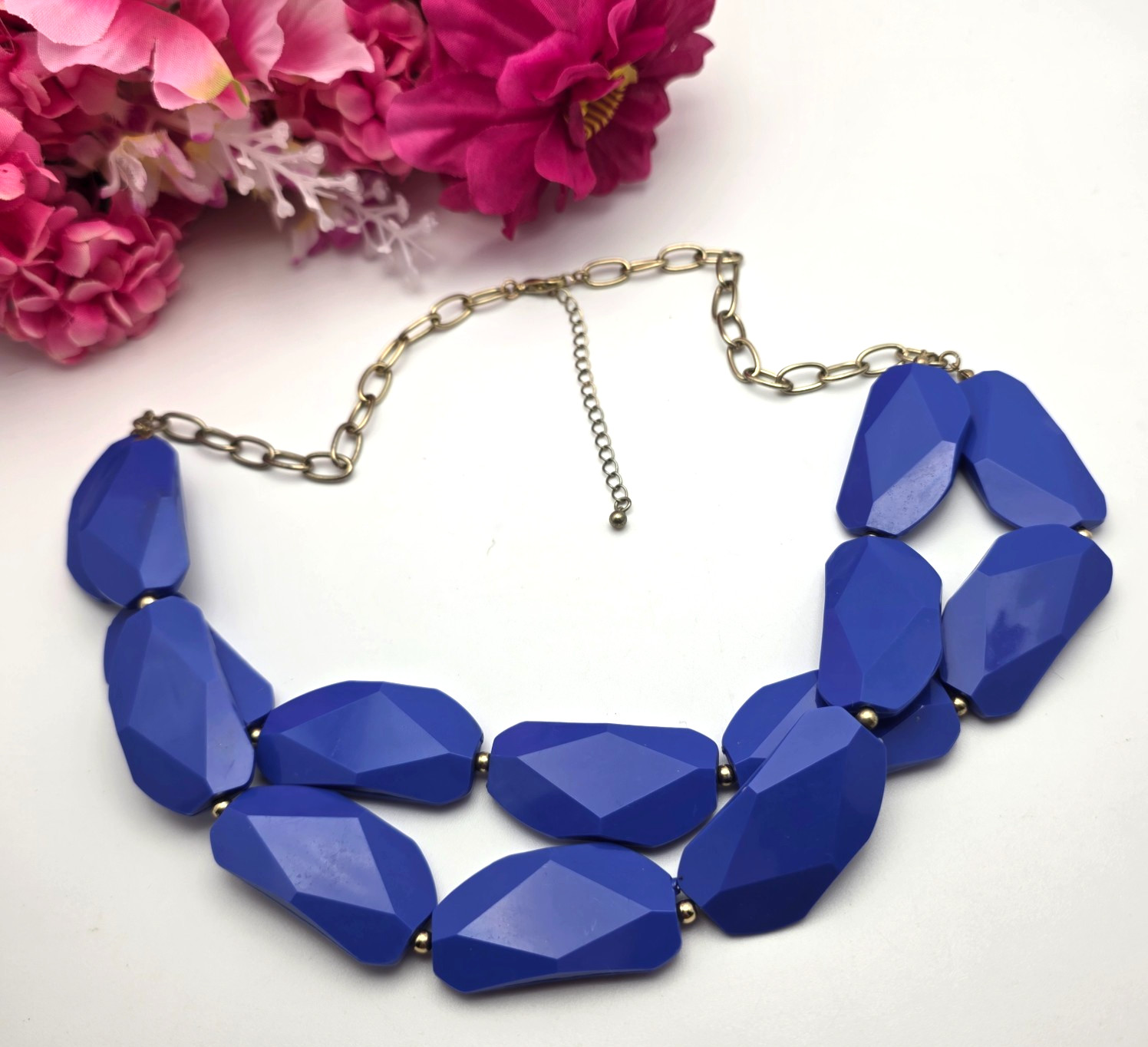Cobalt Blue Faceted Statement Necklace Chunky Bib Beads Gold Tone 27in Adj