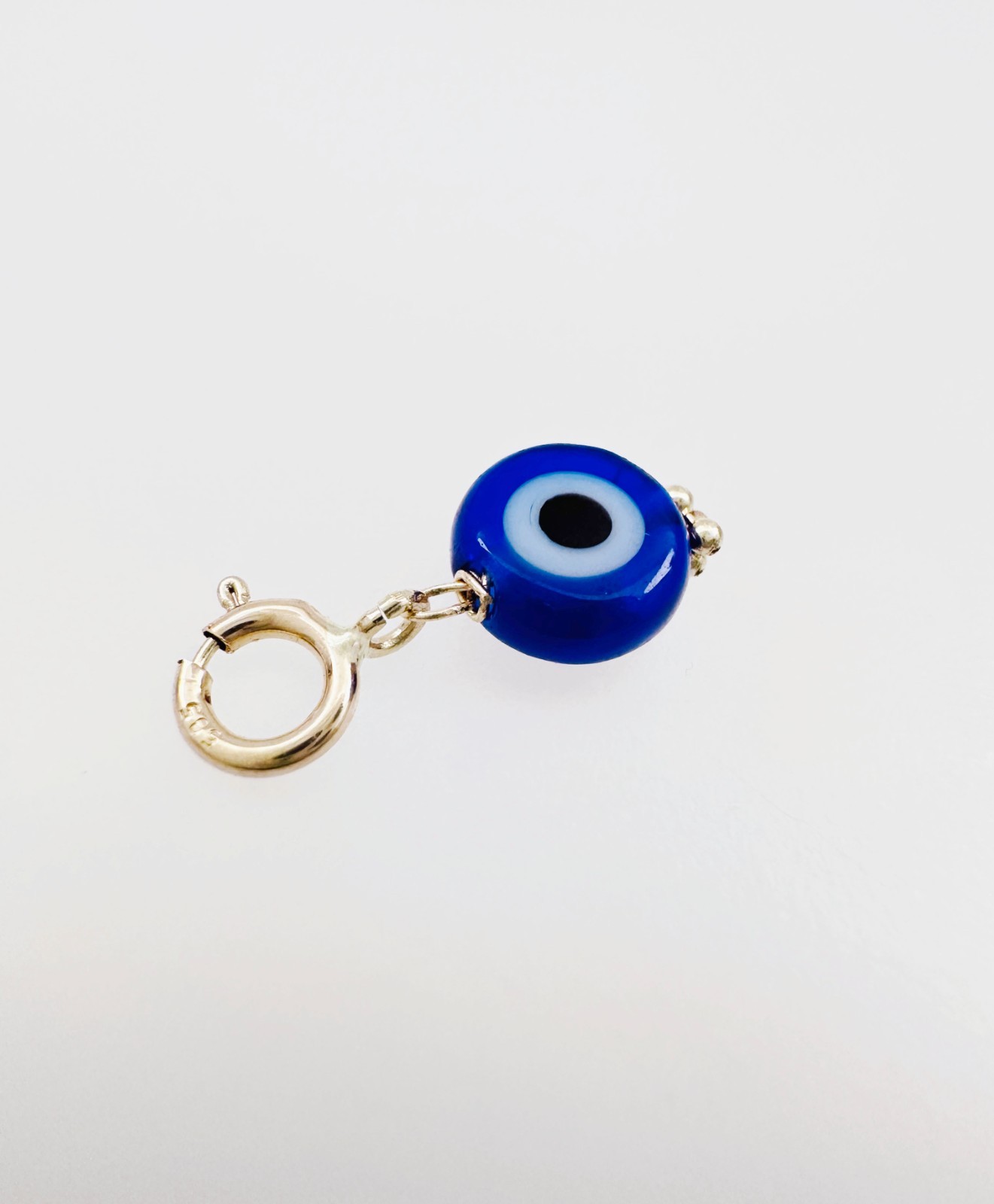 14K Solid Yellow Gold Millefiori Glass Blue Evil Eye Charm Pendant Spring Clasp