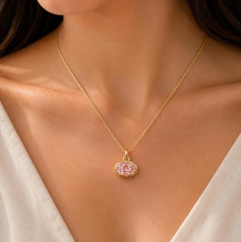 2.00Ct Oval Cut Simulated Pink Sapphire Pendant Necklace 14K Yellow Gold Plated