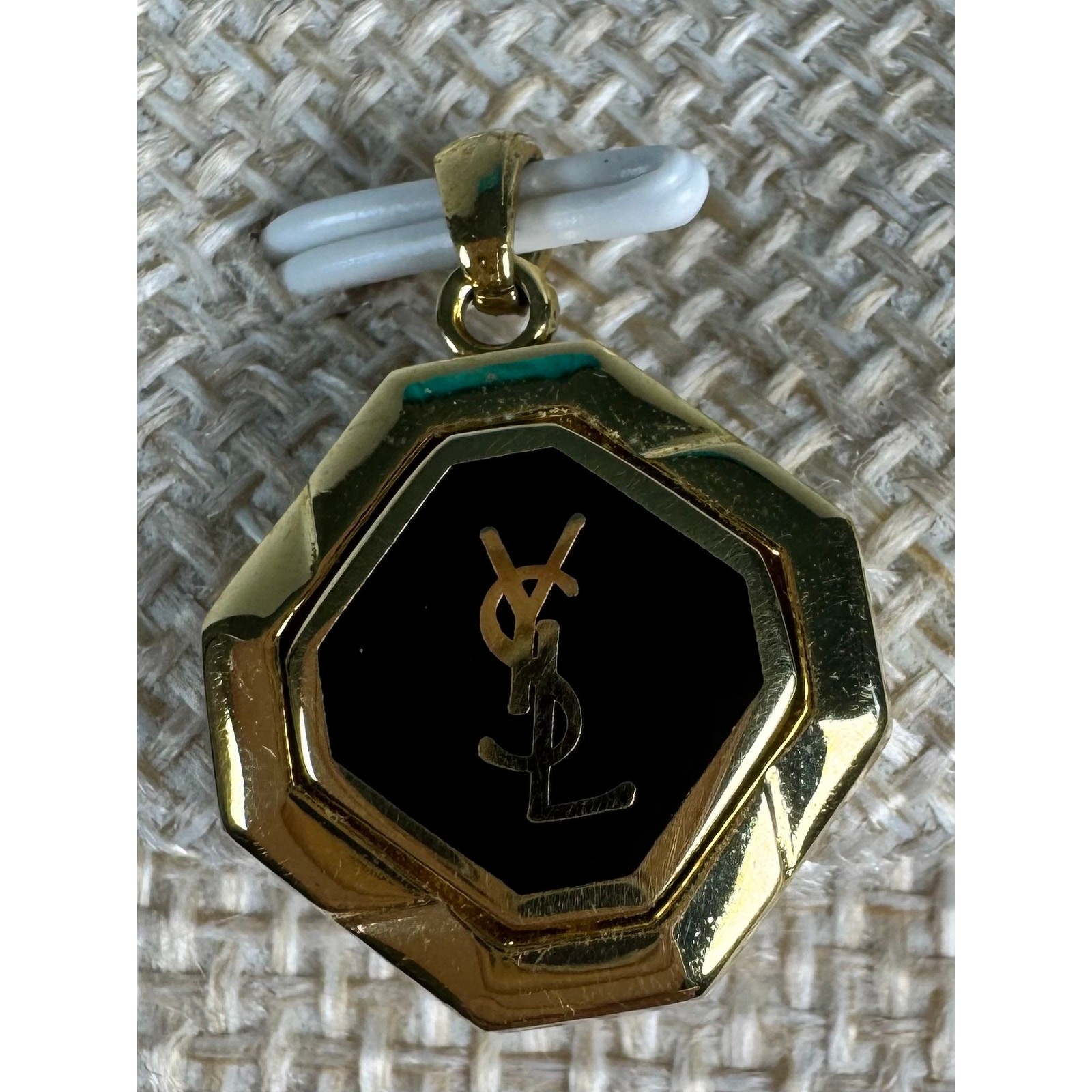 Vintage Yves Saint Laurent YSL Octagon Pendant Gold Tone Black Enamel
