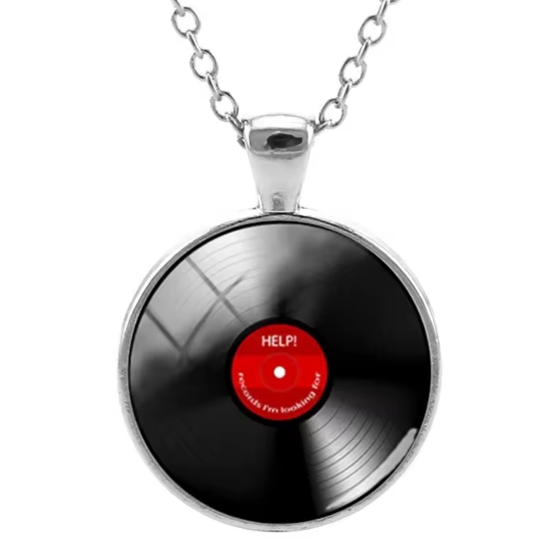 Music Record Pendant Necklace – Music Themed Jewelry – Silver Tone Disc & Chain