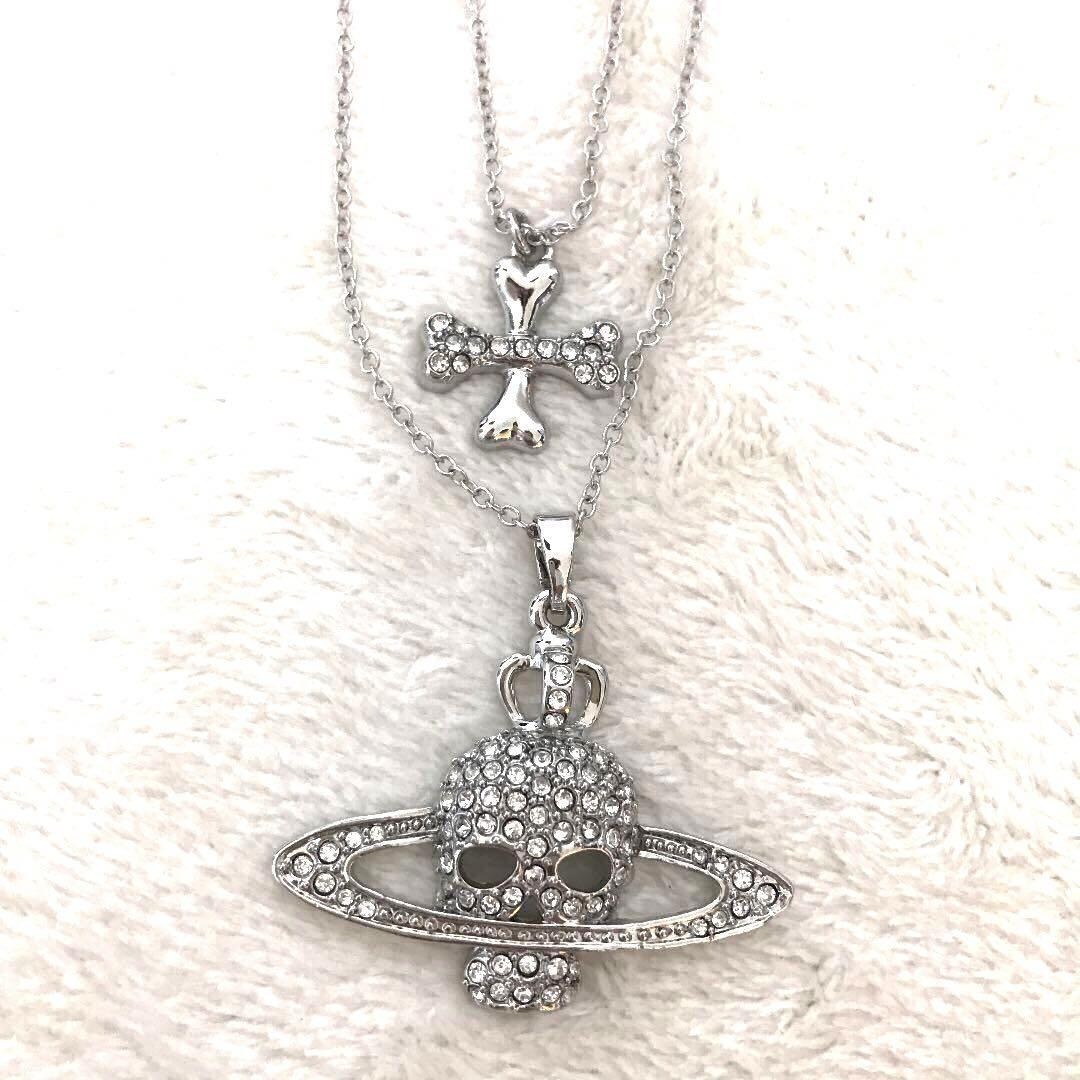 Vivienne Westwood Necklace Double Chain Skull Orb Silver 48cm w/Pouch NO BOX