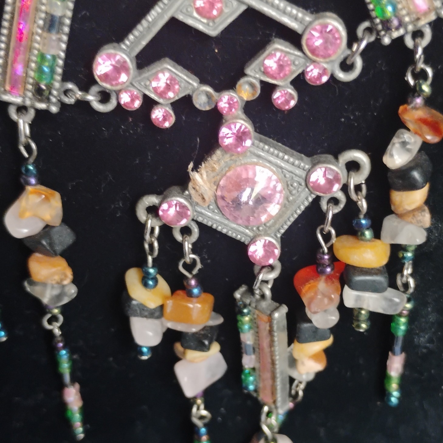 Silver Tone Art Deco Bib Statement Necklace, Pink Crystals Bead Dangles