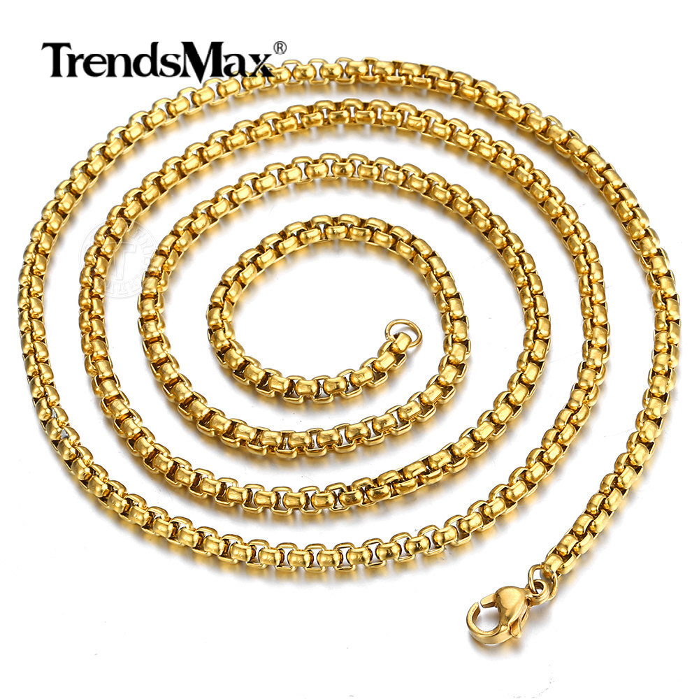 3MM 18Inch 14K Gold Plated Stainless Steel Round Box Link Chain Necklace Choker