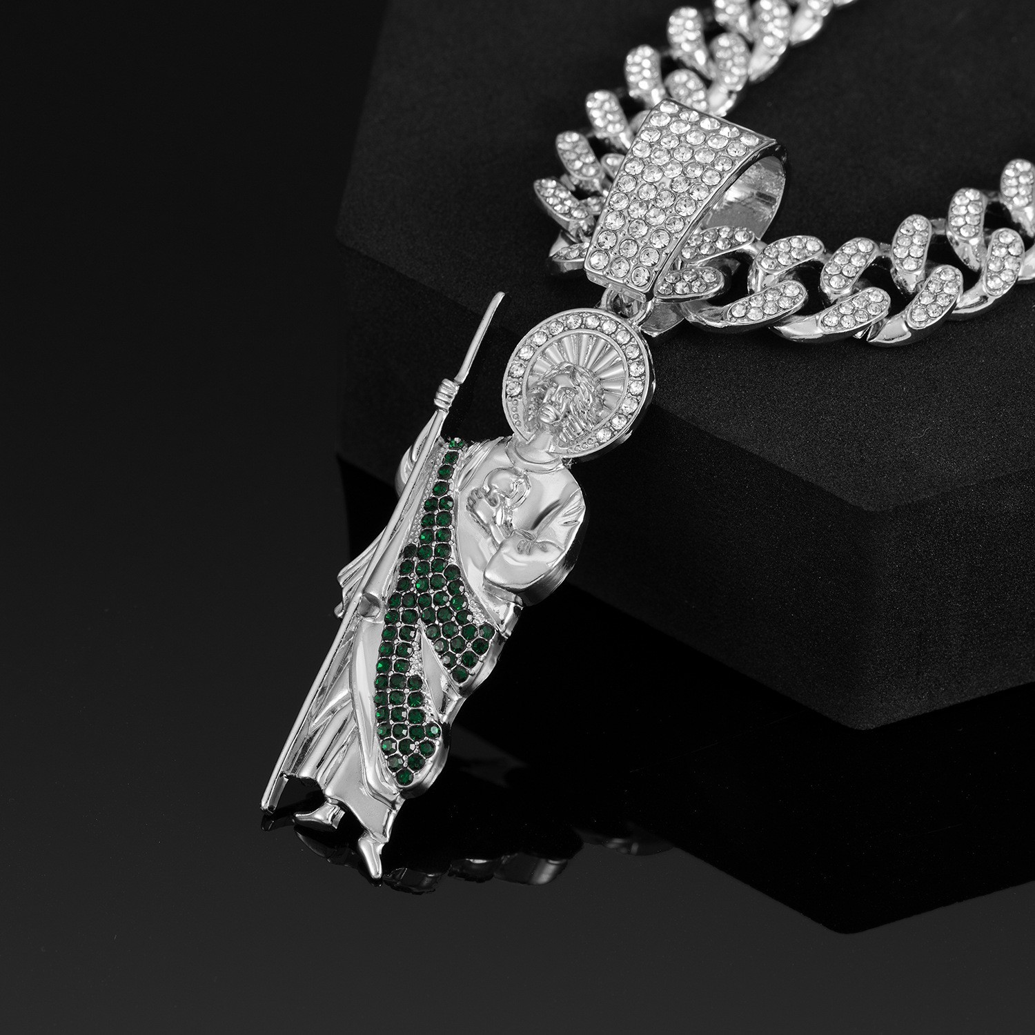 Hip hop Zinc Alloy Rhinestone Religious Portrait Pendant Cuban Chain Necklace