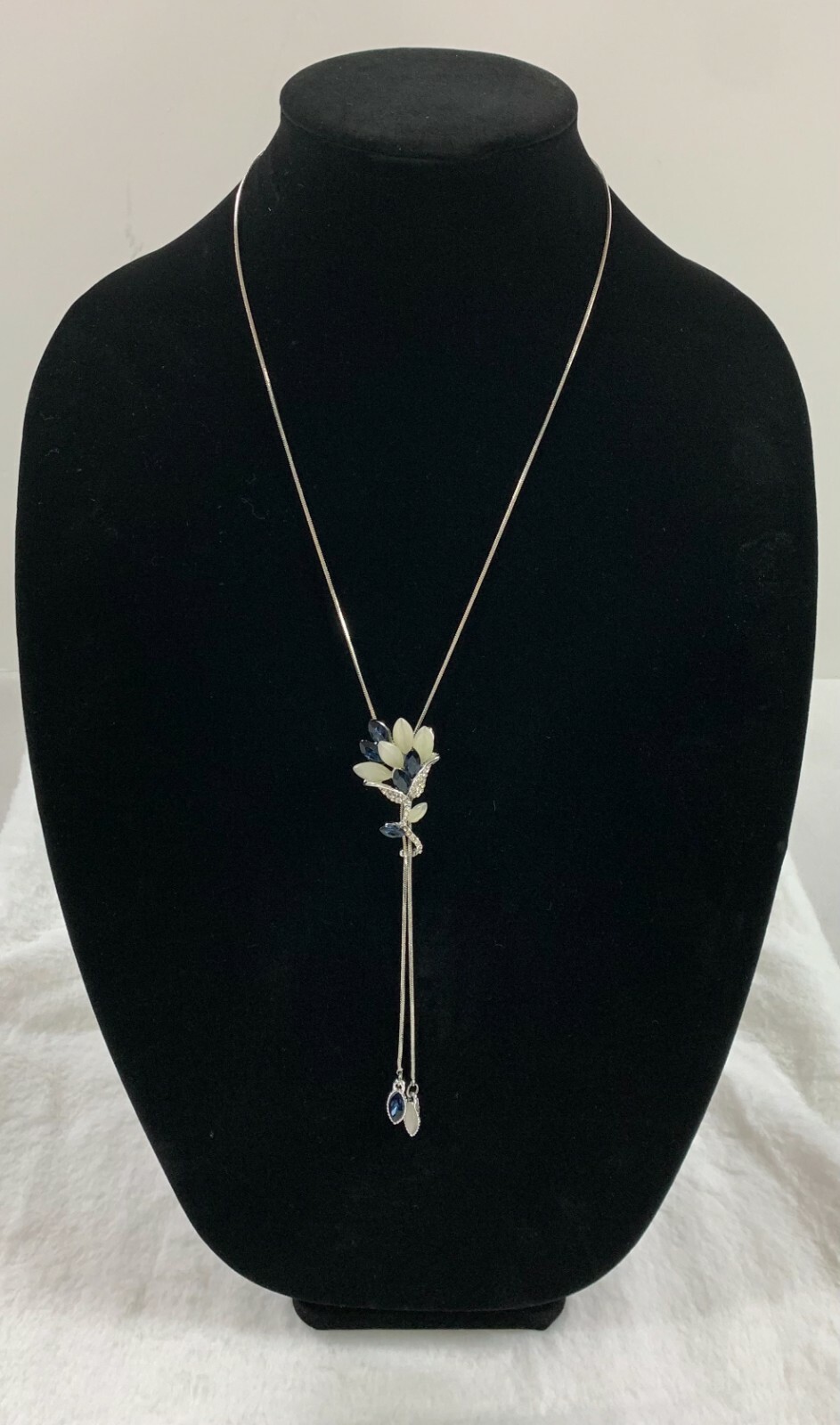 Women’s Long Necklace Lariat Floral Faux Gem Pendant Silver Color