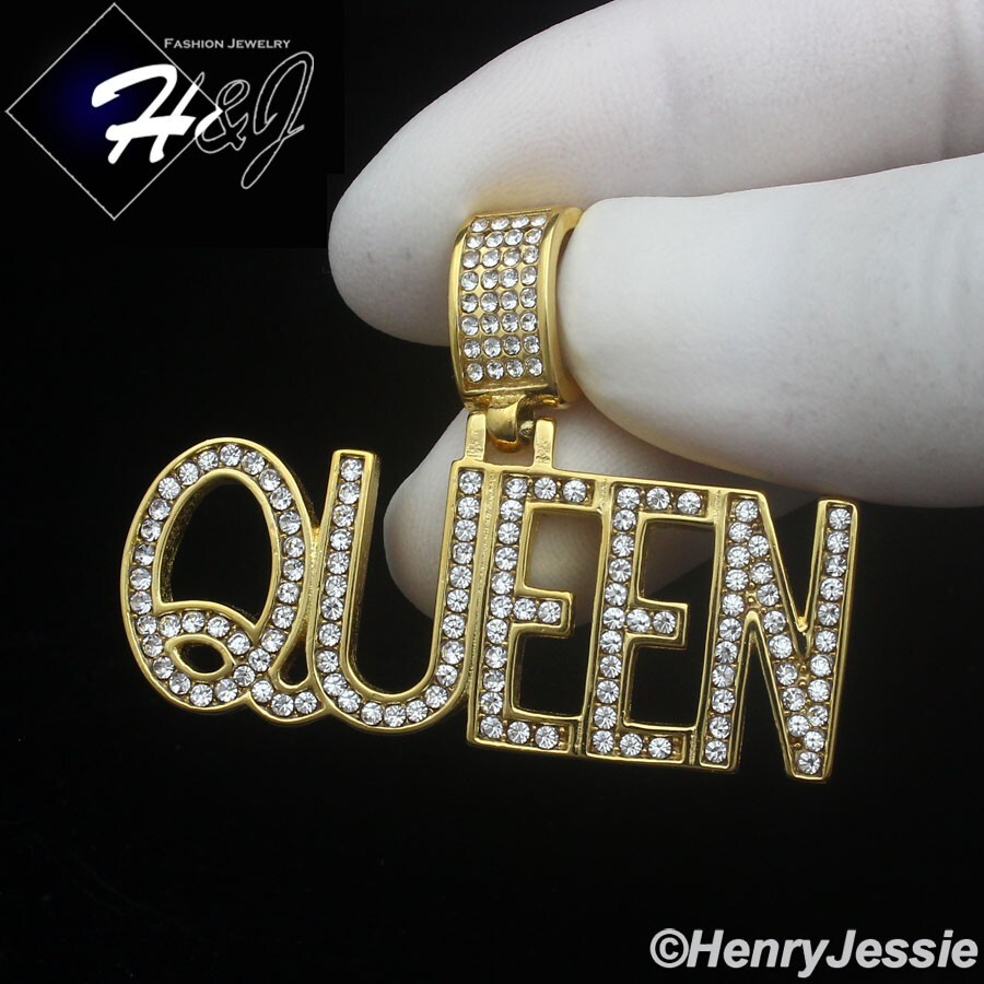 WOMEN’s Stainless Steel ICY CZ Gold Plated 3D HipHop “QUEEN” Letter Pendant*G149