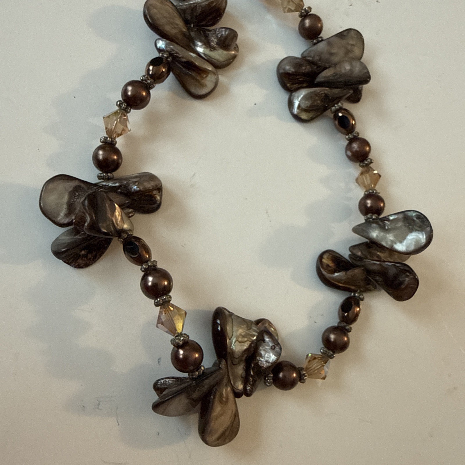BROWN BRONZED ABALONE SHELL Necklace Beaded Silver Tone Spacers Toggle Clasp