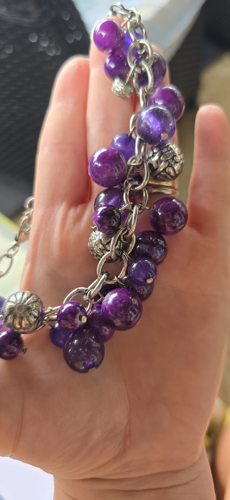 Silver Tone Statement Rolo Chain Necklace w/ Purple Acrylic Bead Cluster