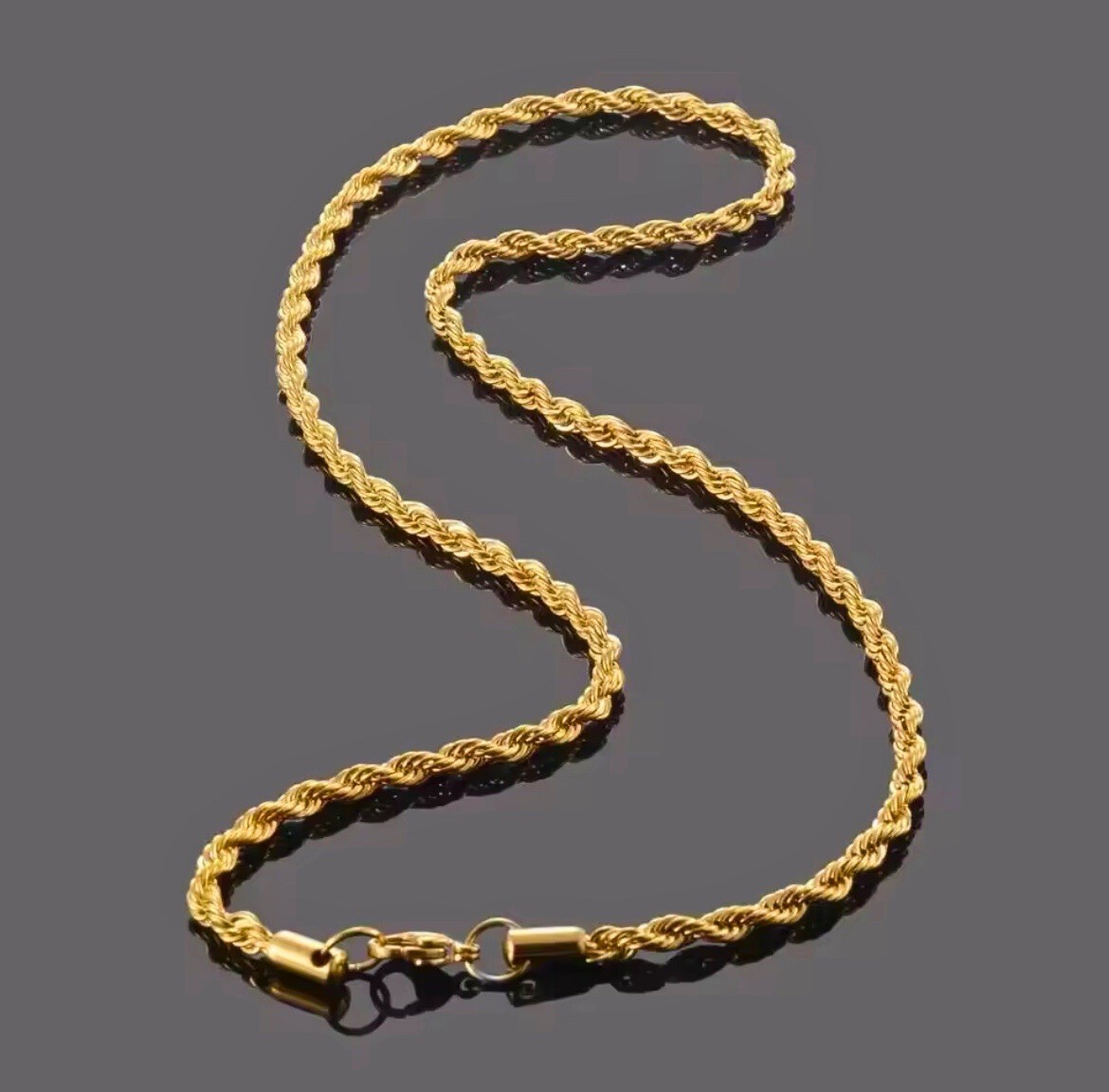 18K Gold Plated Rope Chain Necklace Stainless Steel Lobster Clasp 2–6mm 16–30in