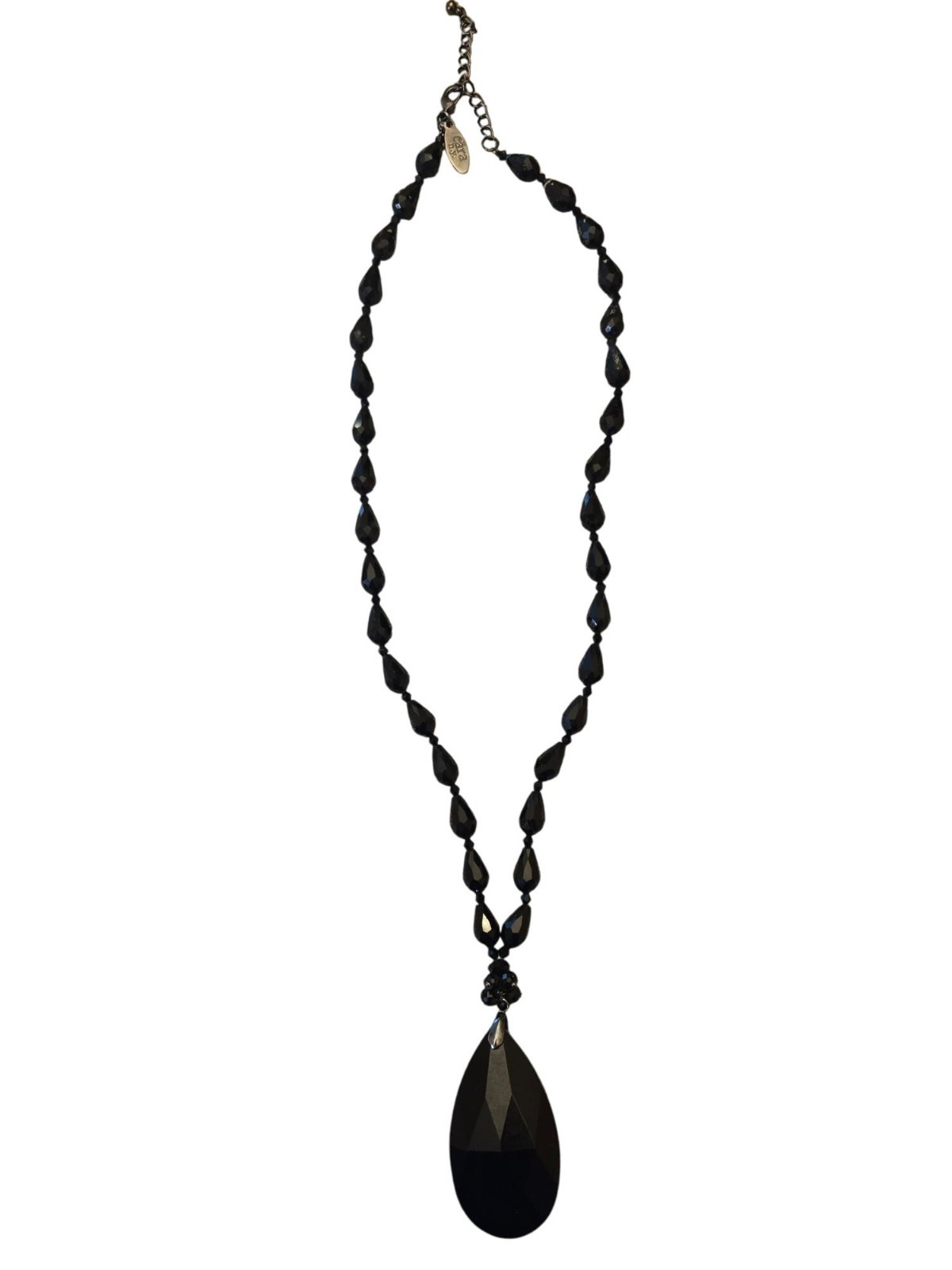 Black Faceted Cara NY Beaded Necklace With Teardrop Pendant Adjustable Chain