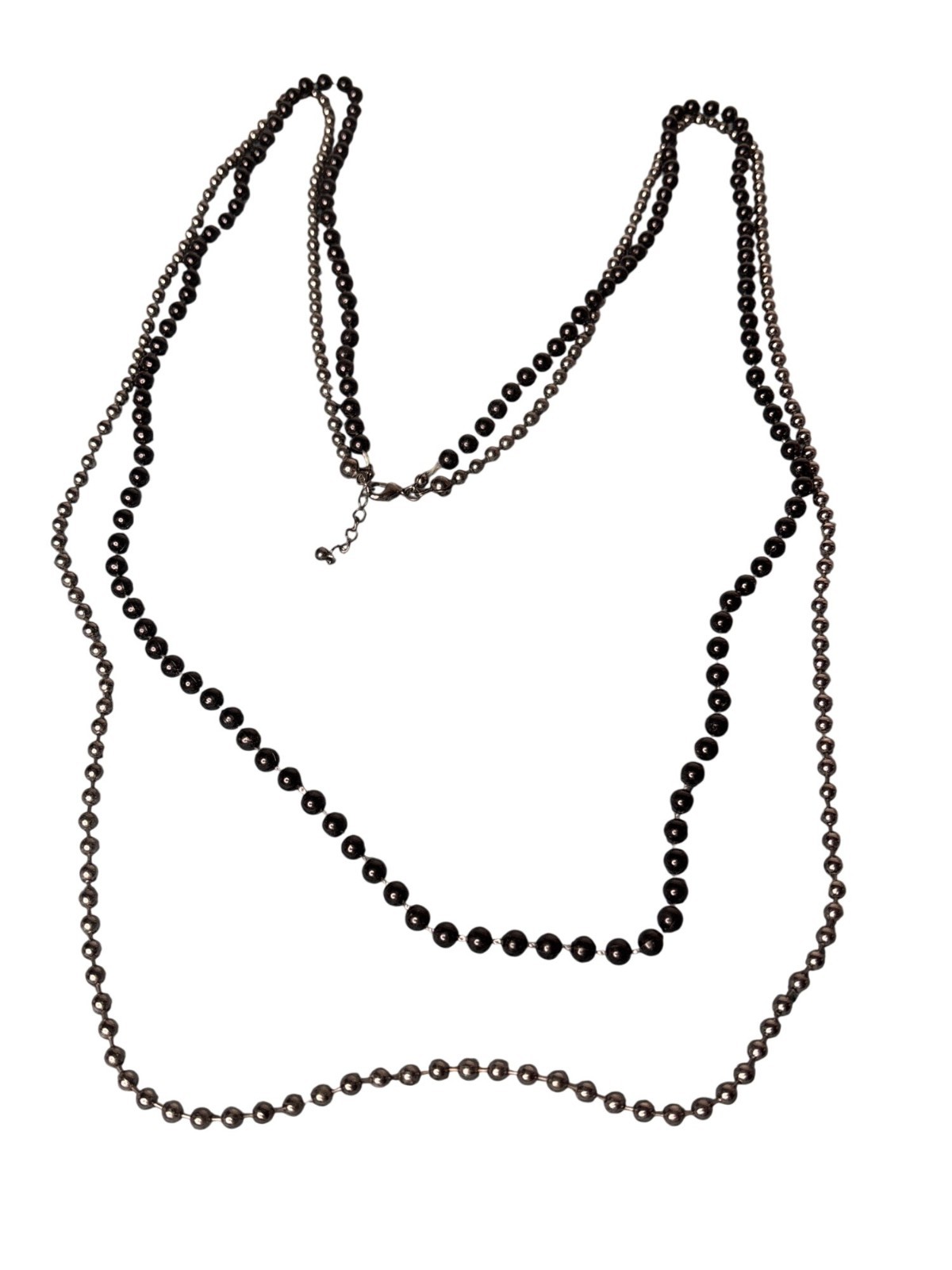 2 Strand Beaded Necklace Black Plastic Gunmetal 46 inches 50 inch Lobster Clasp