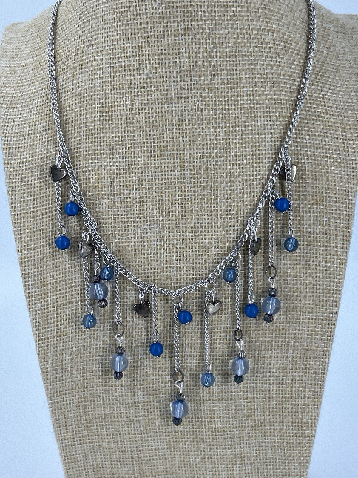 Silver Tone Blue Chandelier Choker Necklace Womens Bib Fringe Hearts Chain 17-19