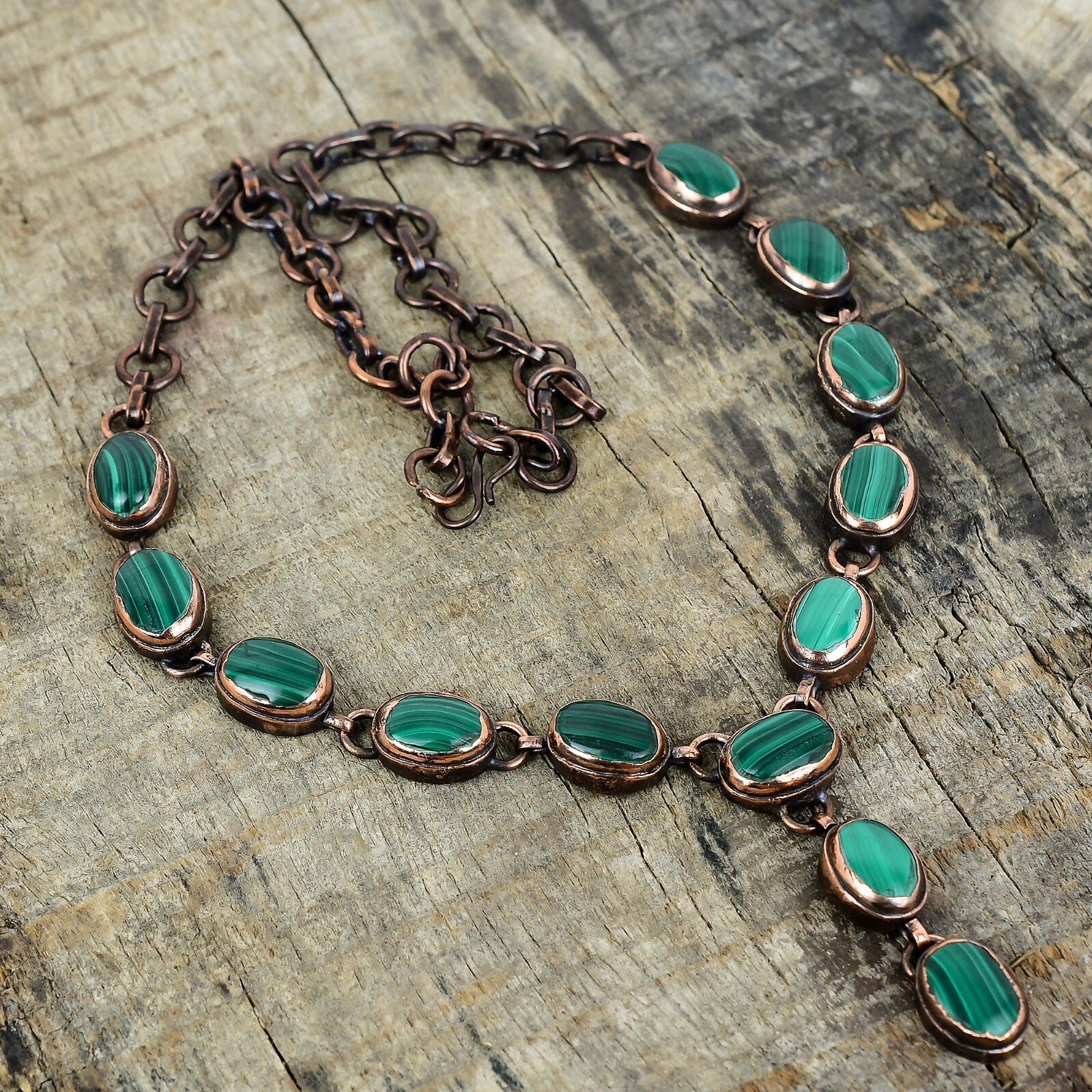 Valentines Sale Copper Malachite Gemstone Chain Electroformed Necklace Jewelry