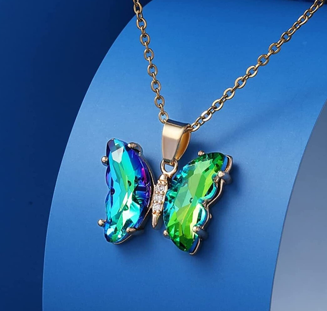 Gold & Green Crystal Butterfly Necklace, New Statement Everyday Necklace, Gift