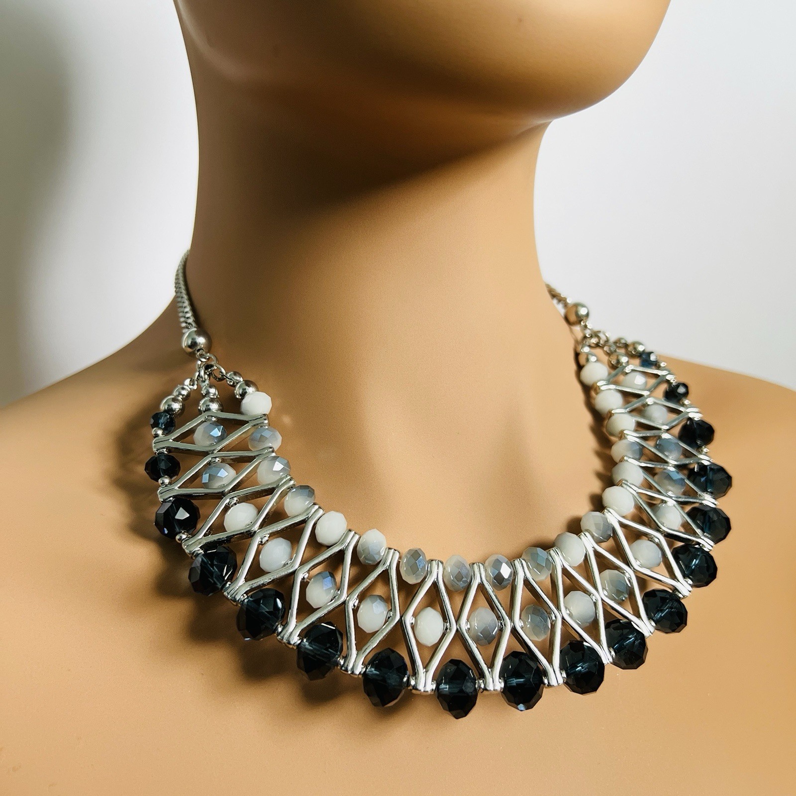 Blue & White Fan Necklace, Webbed Beaded Statement Piece with Stone Accents