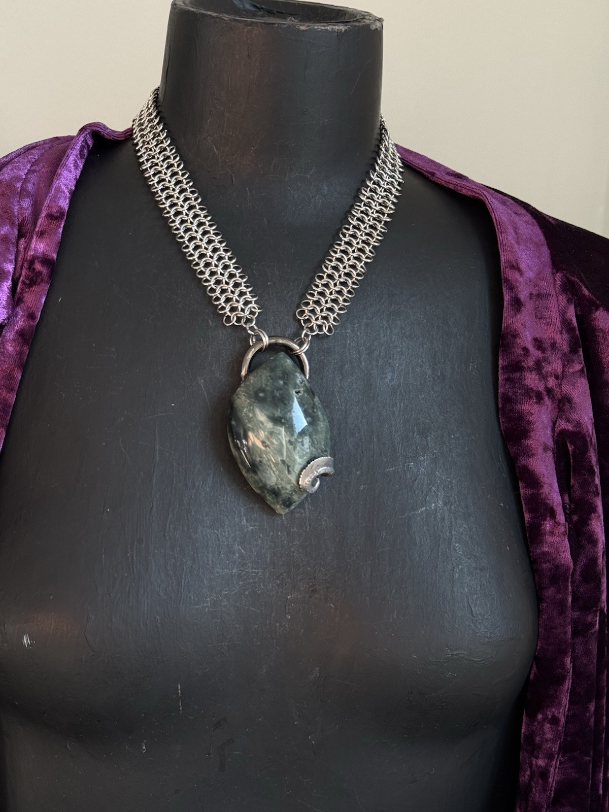 Blue ocean Jasper chainmaille necklace pendant statement jewelry witchy boho