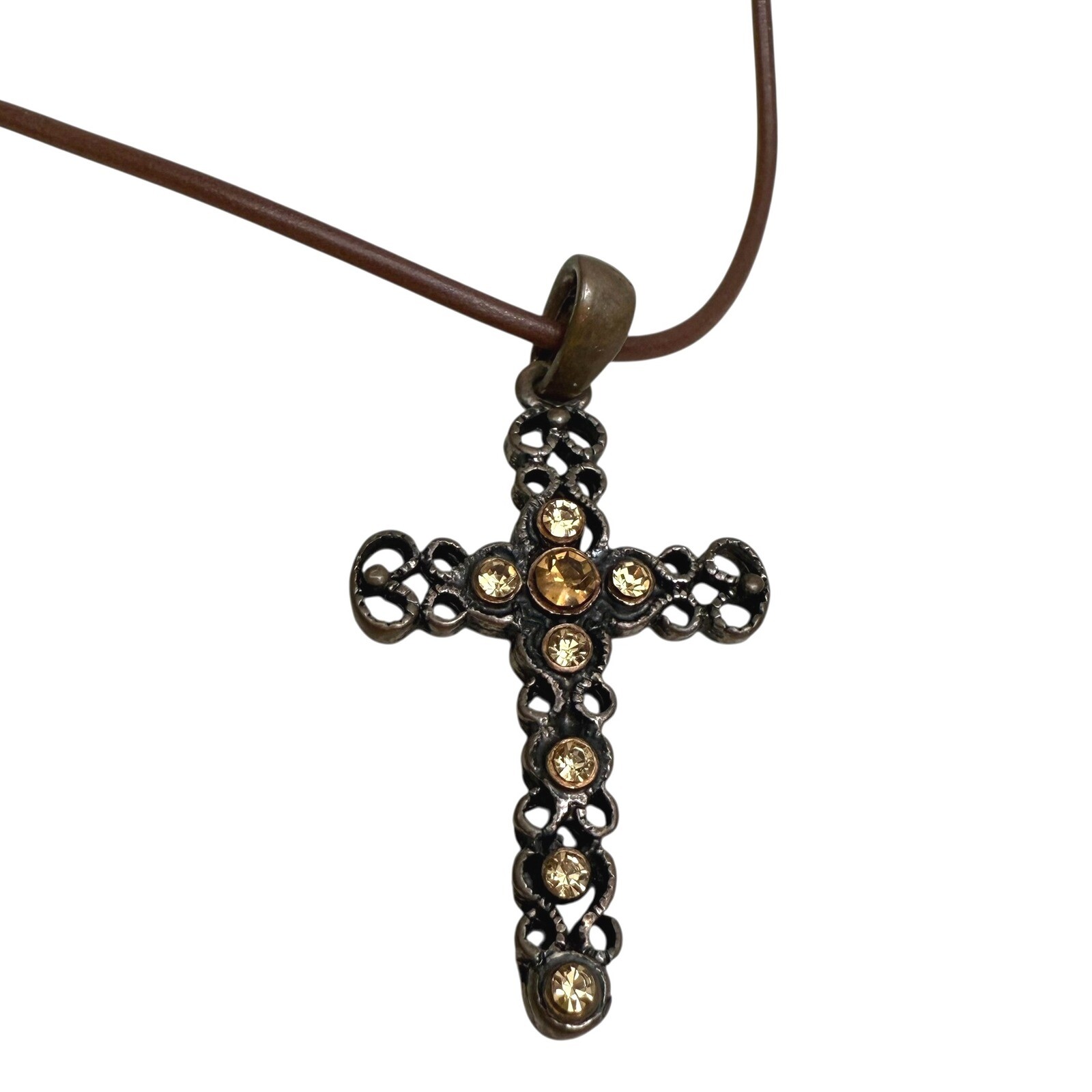 Relativity Bronze Rhinestone Accent Cross Pendant Necklace Brown Cord Chain 10in