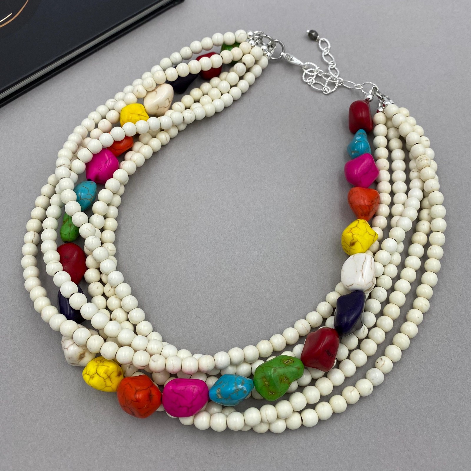 Ivory Turquoise Necklace, Chunky Bold Multi Strand Beaded Statement Jewelry