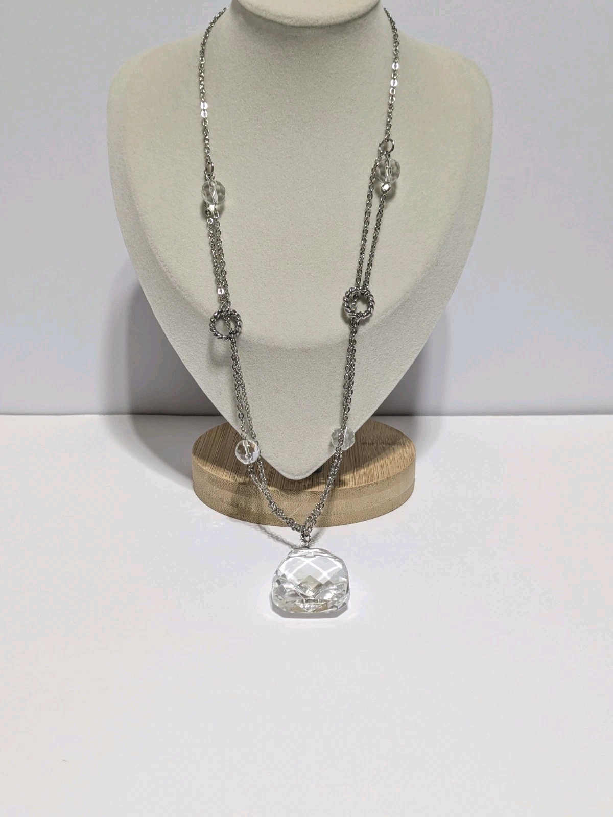 Silver Tone Chain Necklace With Clear Glass Beads & Faceted Rectangular Pendant