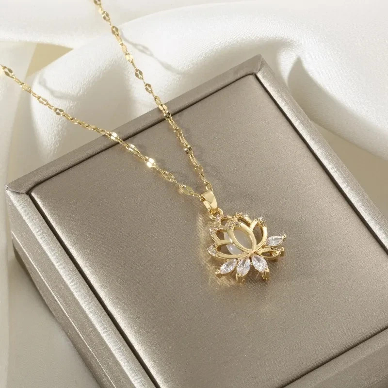 Women’s Fashion Jewelry Cubic Zircon Gold Lotus Flower Pendant Necklace USA Gift